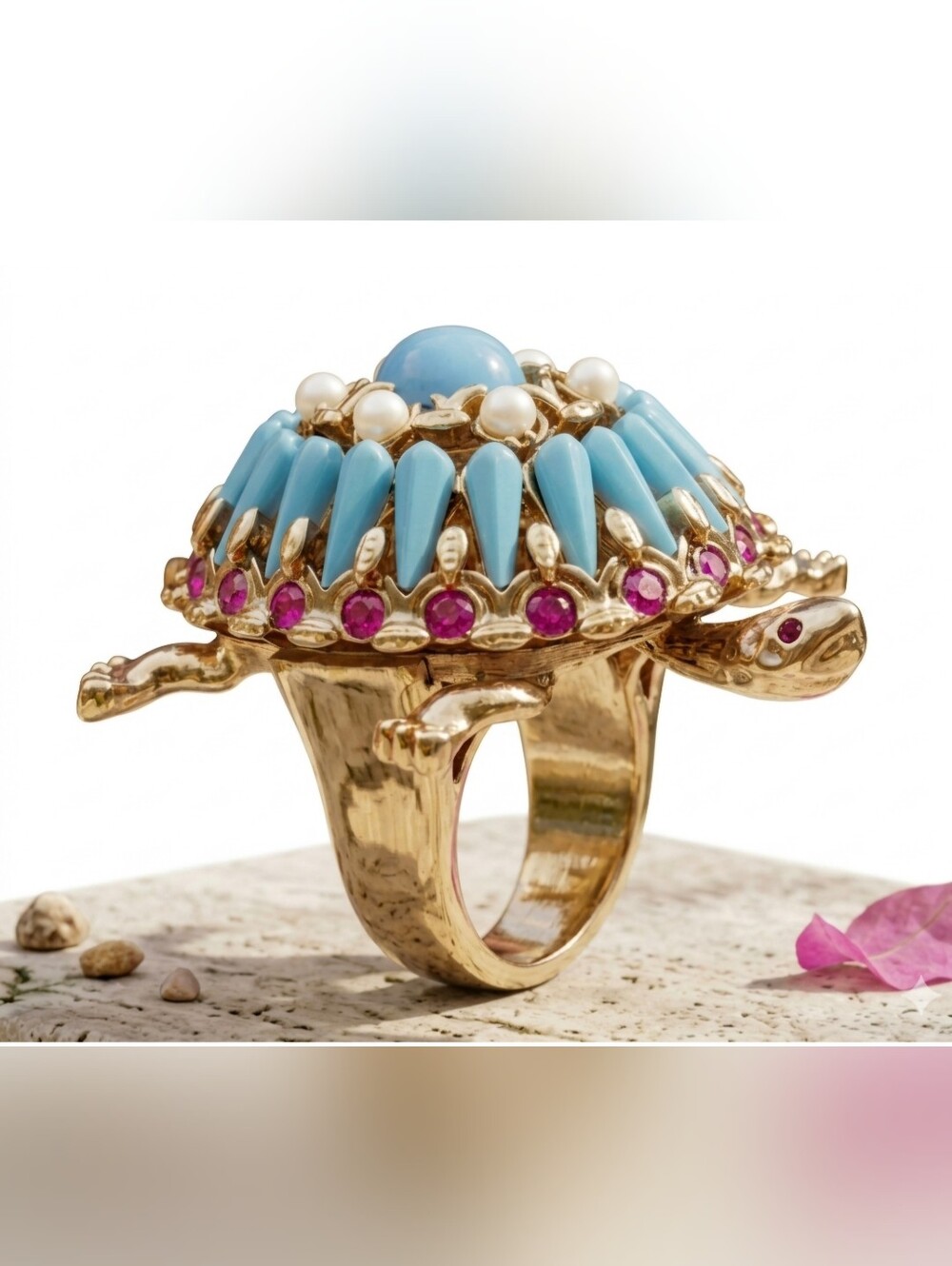 Gold Turtle Cocktail Ring with Blue Turquoise, Red and Pearl Accents